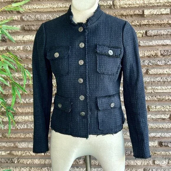 Willow Clay Navy Blue Tweed Military Style Raw Edge Business Blazer Size Small